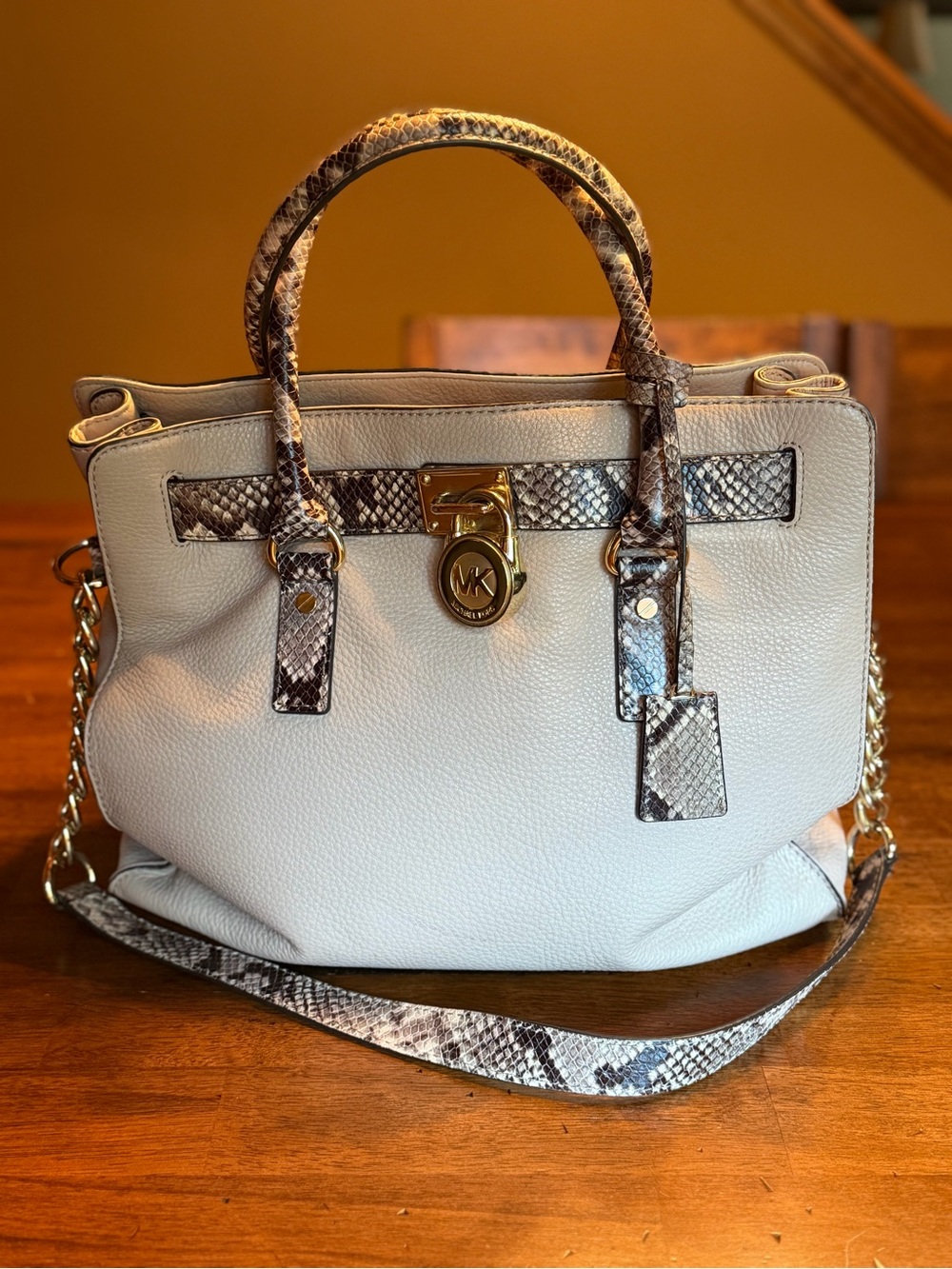 Michael Kors Cream Hamilton Satchel with Snake-Print Trim Gold Lock